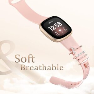 Silicone Replacement Band with Metal Decorative Ring Compatible with Fitbit Versa 4/3/Sense 2/Sense, Breathable Soft Sport Strap with Chic Hardware Loop for Women Men